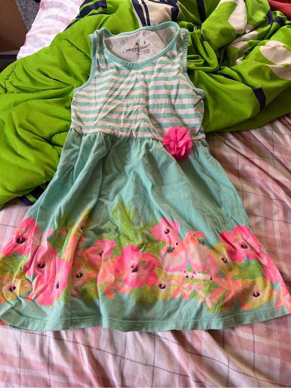 jumping beans Mint Striped Tank Dress with Pink Floral & Parrot Print